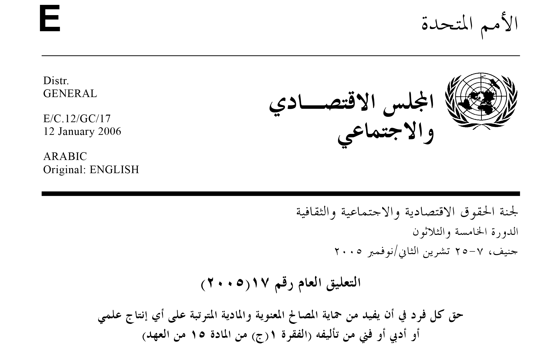 تعليق رقم 17 للجنة الامم المتحدة للحقوق الاقتصادية والاجتماعية والثقافية 2005